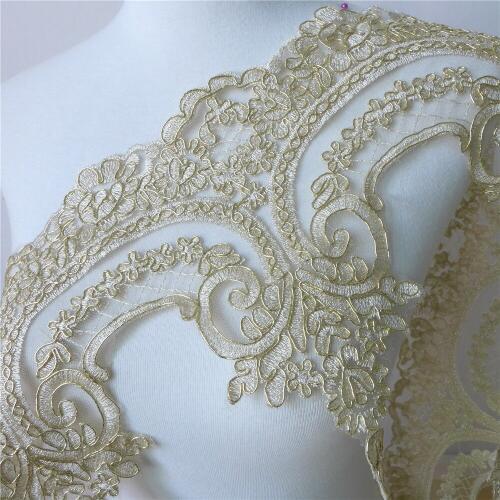 New 5 Yards 21cm Wide Scalloped Corded Gold Thread Grid Mesh Alencon Lace Fabric Trim Bridal Gown Lace Accessories Cloth Fabric