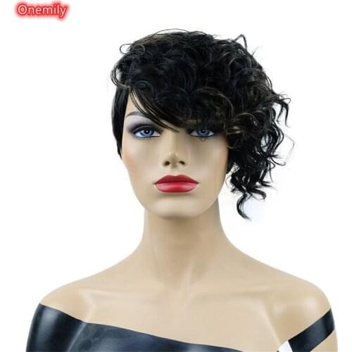 Onemily 6" Black Brown Mixed Women Short Curly Pixie Cut Hair Wig Asymmetrical Side Bang Synthetic Wigs for Women
