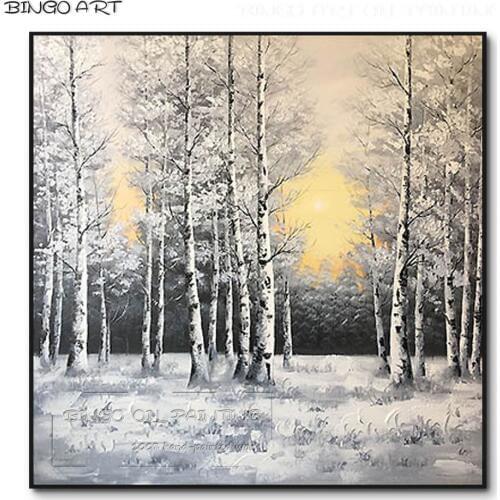 Pop Fine Art Hand-painted High Quality Abstract Silver Birch Tree Oil Painting on Canvas Knife Painting Winter Tree Oil Painting