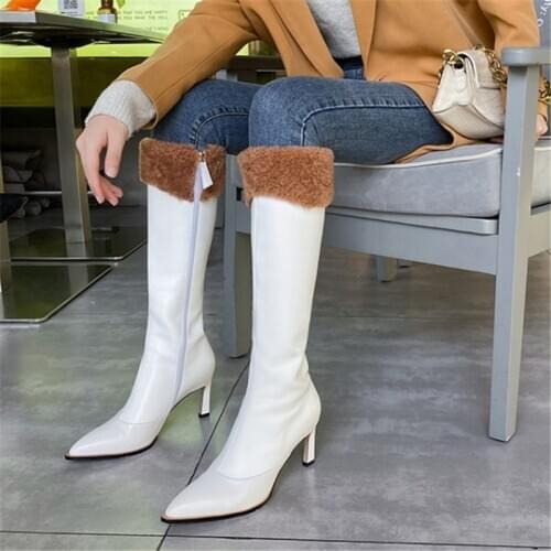 PXELENA 2021 Celebrity Lambswool Fur Genuine Leather Knee High Boots Heels Zip Pointed Toe Dress Party Catwalk Warm Snow Shoes