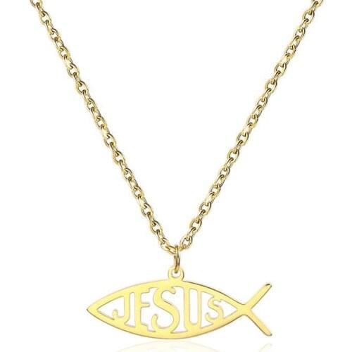RIR Gold Jesus Fish Statement Necklace for Christians Religious Charm Jesus Fish Jewelry Jesus Fish Symbol In Stainless Steel