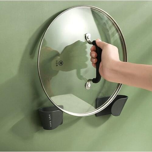 1Pair Self Adhesive Pot Lid Holder Punch-Free Pan Cover Storage Rack Holder Wall Mounted Kitchen Cooking Utensil Tool Organizer