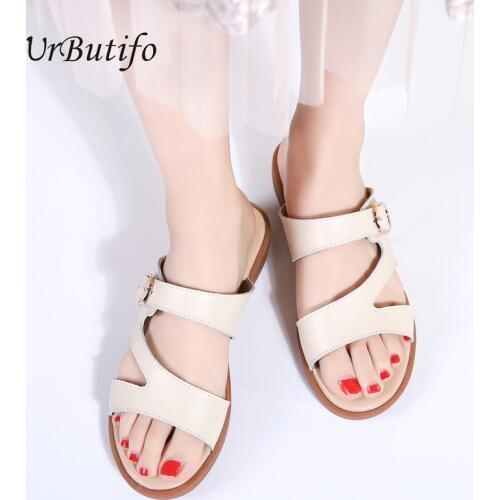 UrbutifoSummer Women Round Toe Flat Slides Shoes Women White Black Leather Summer Platform Sandals Sweet Chaussure Femme