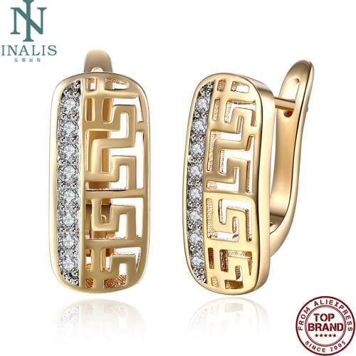 INALIS Earrings For Women Cubic Zirconia Geometric Copper Stud Earring Champagne Gold Female Fashion Jewelry Luxury Party Gift