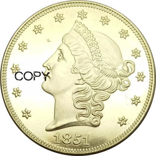 Untied States 20 Dollars Liberty Head Double Eagle without motto TWENTY D. 1851 Brass Replica Coins