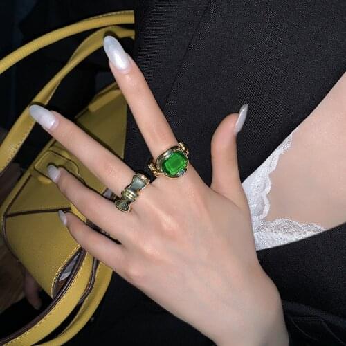 Occident Baroque Ring Luxury Vintage Bamboo Open Ring Women Green Crystal Resizable Ring Set Best Gift Jewelry