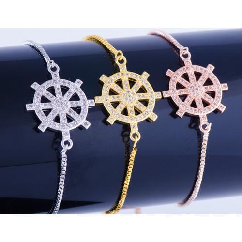 Juya Ali Moda Retro Micro Pave Crystals Rudder Charms With Adjustable Box Chains Bracelets For Women Men Jewelry