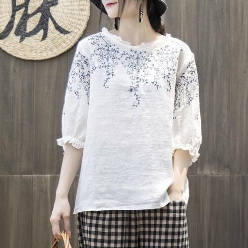 2021 Embroidery Boho Large Size Lantern Sleeve Women T-Shirt Summer Cotton Linen Loose Casual O-Neck T-Shirt Plus Size