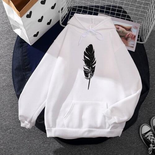 Womens Sweetshirt Feather Printed Top Long Sleeve Loose Hoodie Hooded Sweatshirt Harajuku Hoodies With Pocket Худи Оверсайз