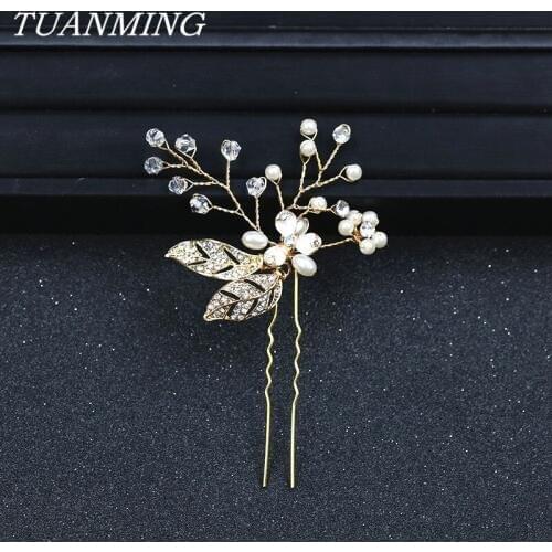 Golden Leaves Hairpins For Women Accessories Bride Hair Jewelry Rhinestone Pearl Wedding Hair Pins Handmade Bride Hair Ornaments