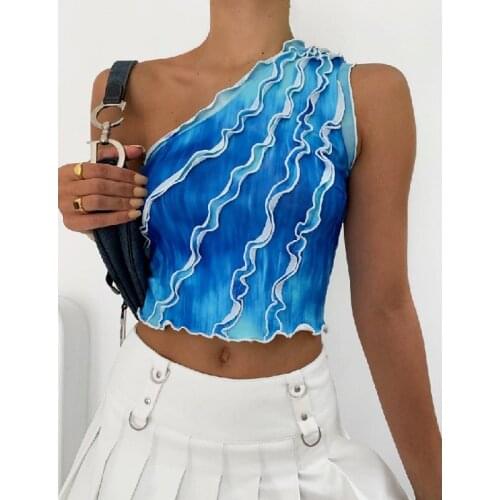 Women Sexy One-Shoulder Vest Fashion Printed/Solid Ruffles Exposed Navel Tops Girls Summer Sleeveless Ruched Tanks 2021 New