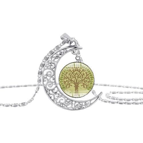 10 family gift crescent moon life tree lotus necklace half moon flower plant lucky hollow moon amulet pendant necklace jewelry