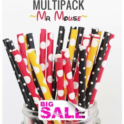 150pcs Mixed Colors MR MOUSE Themed Paper Drinking Straws Bulk Wholesale, Red, Black and Yellow Polka Dot