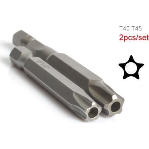 2pcs/set S2 Alloy Steel 1/4 Inch Hex Shank 65mm Length T45 50mm T40 Torx Screwdriver Bits Kit Electric Star Bit with inner hole