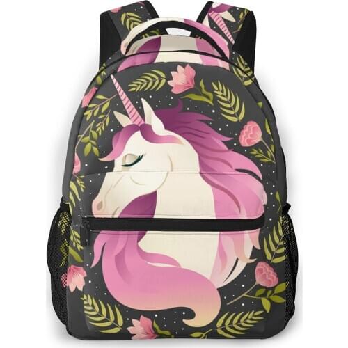 2021 OLN Backpack Women Shoulder Bag Unicorn Head In Flowers Wreath Fashion School Bag For Teenage Girl Backpacks Travel Bag