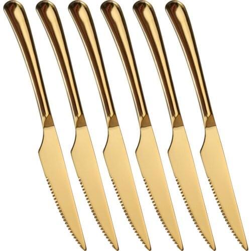 6pcs/set Stainless Steel Steak Knife With Long Handle Titanium Plating Gold Dinner Knives Luxurious Western Flatwares