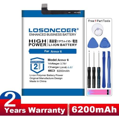 LOSONCOER Armor6 Armor 6 Battery 6200mAh for Ulefone Armor 6 Mobile Phone Battery Free tools Stand Holder Stickers