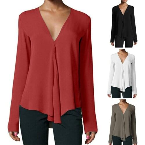 Women Chiffon Blouse OL Simple Style V-Neck Long Sleeve Ruffle Business Summer Loose Shirt High Quality Black Friday Dropship
