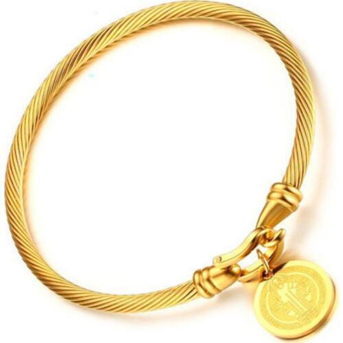 Gold-color Saint Benedict Medal Cuff Charm Bracelets & Bangle For Women Stainless Steel Wire Pulseira Jewelry