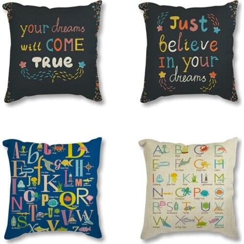 Kawaii Cartoon Sea Animals Fish Whale Alphabet Posters Printed Decorative Linen Cushion Cover Throw Pillow Case Sofa Decor