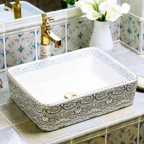 Rectangular shape european royal style ceramic wash sink
