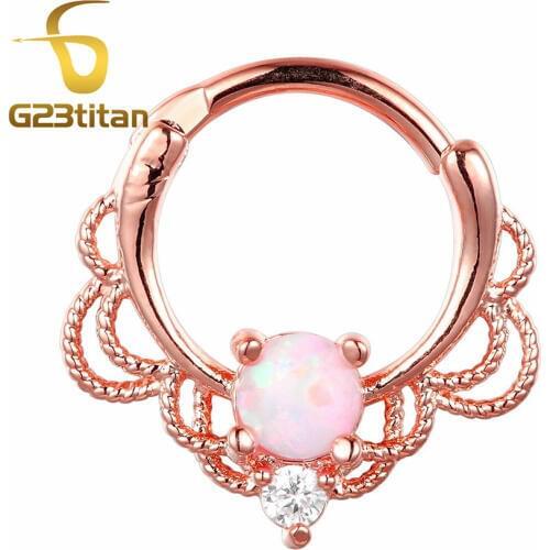 G23titan Rose Gold Color Opal Septum Ring 16G Titanium Pole Natural Opal Stone Nose Piercing Rings Hot Men Women Body Jewelry
