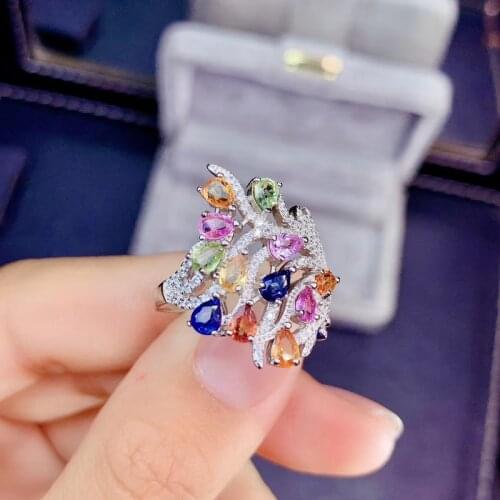 Fashion Cute Clover S925 Silver Natural Multicolor Sapphire Gem Ring Natural Gemstone Ring Woman Girl Weddings Gift Jewelry
