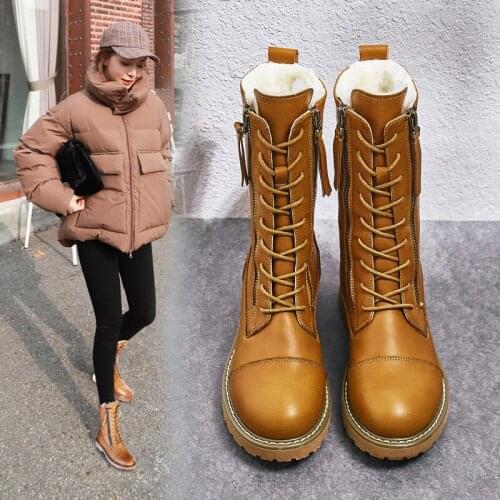 Leather boots womens shoes 2020 winter warm snow boots womens boots plush platform womens shoes flat heel
