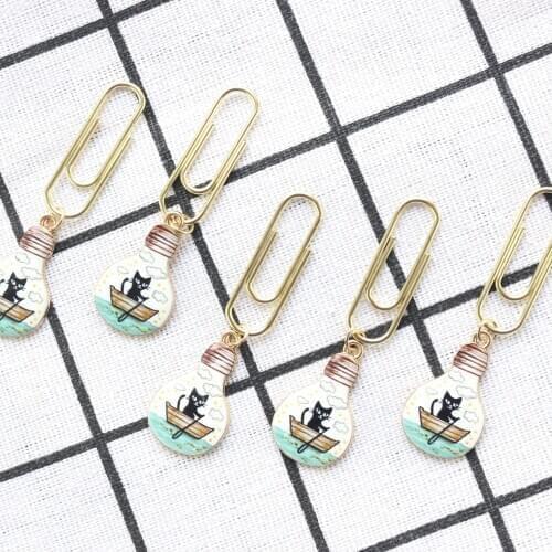 Domikee Creative candy light bulb shape office school metal paper clips student cartoon cat clamp bookmark stationery 5pcs