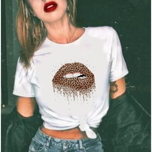 Summer Fashion Shirt Lips Leopard Graphic T Shirt Women Tops Base O-neck Black Tees Kiss Leopard Lips Funny Hipster Girls Tshirt