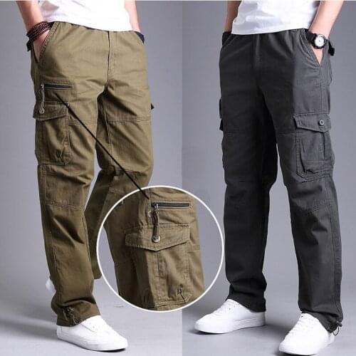 2021 Mens Spring and Autumn Outdoor Straight Multi-Pocket Cargo Pants Youth Fashion Sports Loose Casual Wear-Resistant Trousers