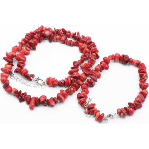Natural Stone Red Coral Gravel Chips Beads Womens Yoga Jewelry Necklace Bracelet Wedding Gift Irregular Set Jewelry Y1077