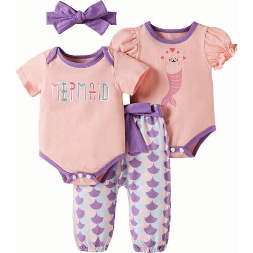 OPPERIAYA 4Pcs Summer Outfits 2 Mermaid Short Sleeves Bodysuit Scale Print Pants Hairband for Toddler Baby Girls 0-24 Months