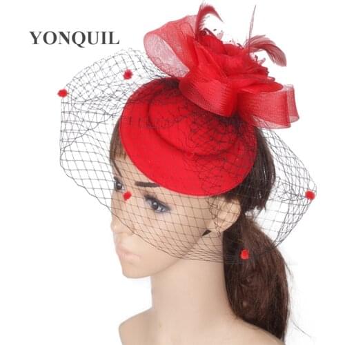 Red Fascinator Base For Women Veil Flower Feather Netting Hat For Bridal Hair Accessories Cocktail Party Headwear Millinery