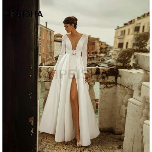 Simple Scoop Neck Deep V Evening Dresses Backless A-Line Front High Split Long Sleeve Prom Party Gown robe de soirée de mariage