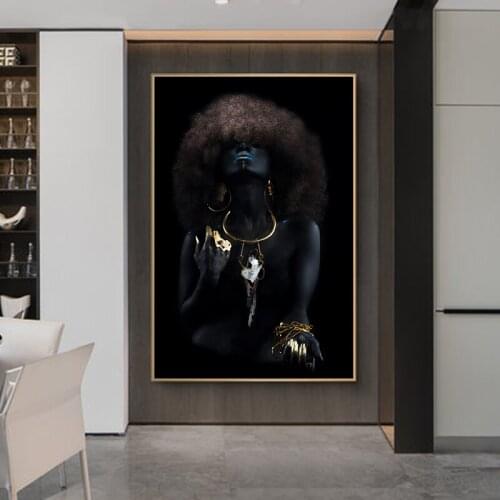 Fluffy Hair African Black Women Golden Finger Canvas Painting Posters Prints Wall Art Picture Cuadros Home Decoration Room Decor