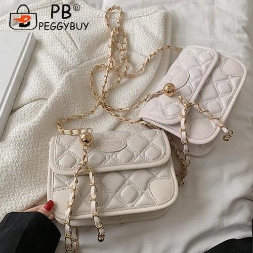 Stylish Women Lattice Pattern Messenger Bag Daily Chain Solid Color Shopping Handbags PU Leather Crossbody Flap Bags