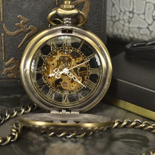 TIEDAN Bronze Steampunk Luxury Fashion Antique Skeleton Mechanical Pocket Watch Men Chain Necklace Casual Pocket & Fob Watches