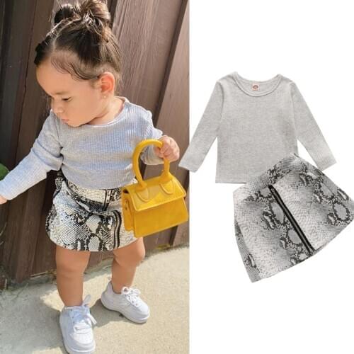 FOCUSNORM 1-5Y Fashion Kids Girls Clothes Sets 2PCS Ruffles Solid Knit Long Sleeve Tops + Snakeskin Print Skirt Outfits Set