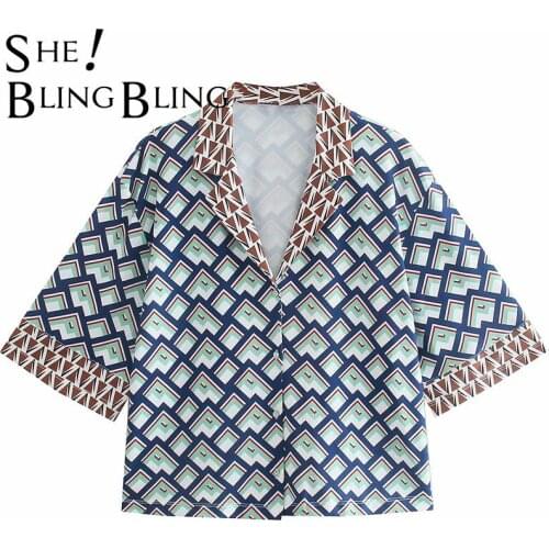 SheBlingBling Za Woman 2021 Geometric Print Contrast Collar Drop Shoulder Half Sleeve Casual Loose Shirt Button Front Blouses