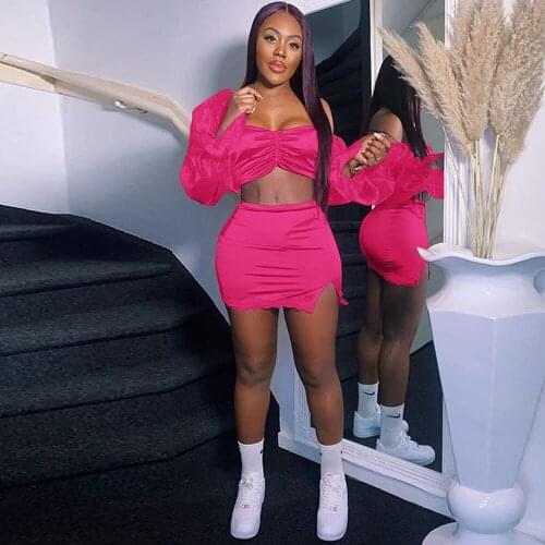 Hipster Satin Women 2 Piece Dress Sets Fashion Women Long Puff Sleeve Crop Top+side Slit Sheath Mini Skirt Clubwear Tracksuits