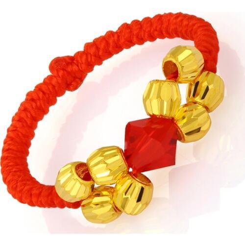 999 24K Yellow Gold Ring Women Weave + 8 PCS bead + Crystal SZ 6 Ring