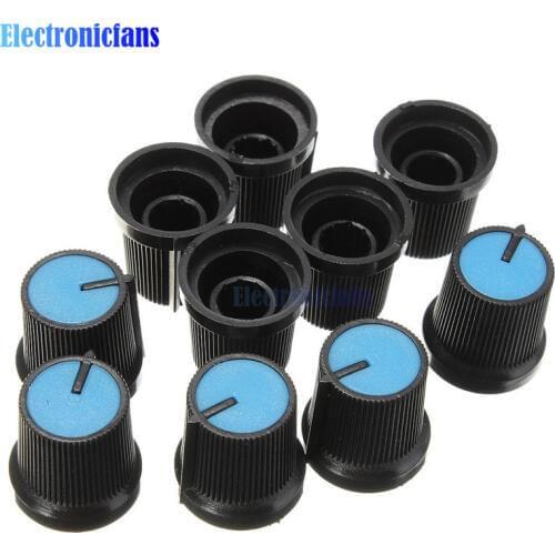 10PCS/Lot Black Potentiometer Knob Blue Face Plastic Rotary Taper Potentiometer Knob 6mm Dia. Shaft