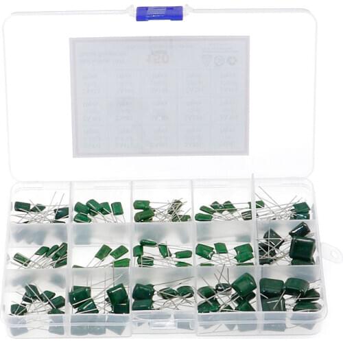 150pcs/Box 15 Values Mylar Polyester Film Capacitor Assortment Kit 0.22NF to 470NF / 100V with Plastic Case DIY
