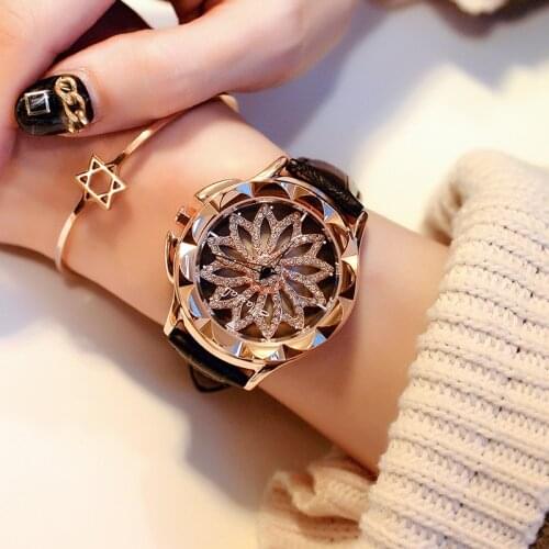 2020 Women Rhinestone Watches Lady Rotation Dress Watch brand Real Leather Band Big Dial Bracelet Wristwatch Crystal Watch
