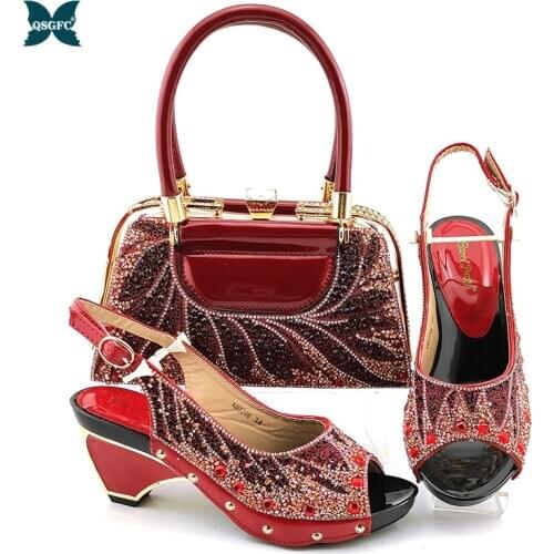 2020 New Arrival Italian Design Hot Selling Women Shoes and Bag Set Decorated With Rhinestone in Red Color for Party