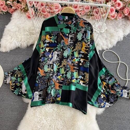 2021 Spring New Plus Size Retro Temperament Korean Loose Single-Breasted Chiffon Shirt Printed Bat Sleeve Shirt Women s855