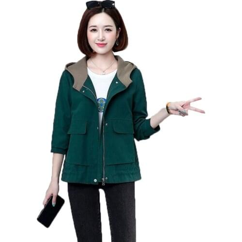 2021 Spring Autumn Womens Coat Hooded Jacket Long Sleeve Zipper Pockets Casual Windbreaker Basic Jackets Short Outerwear 4XL