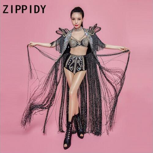 Sparkly Rhinestones Bra Short Black Long Tassel Shrugged Jacket Womens Set Nightclub Female Singer Birthday Party Outfit