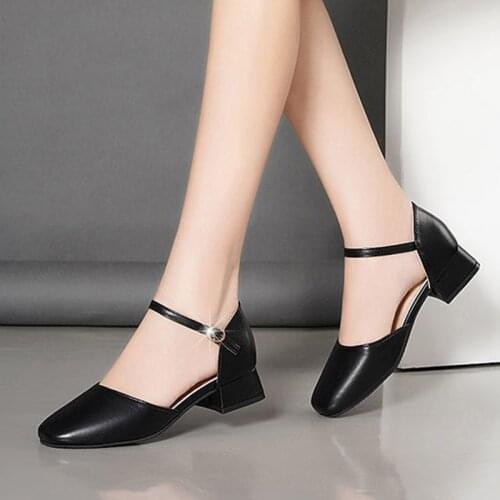 Big Size 34-42 Woman Low Heels Dress Shoes Cover Toe Ankle Strap Sandals Ol Office Lady Shoe Black Mary Janes Ladies Shoe 9087G